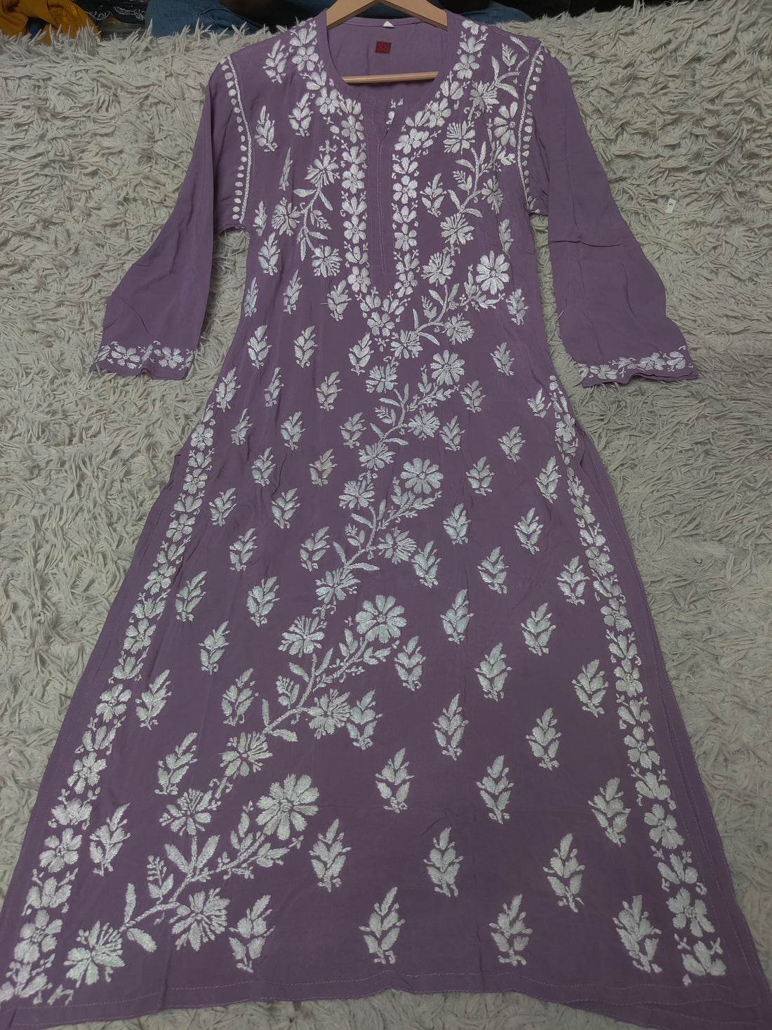 Dusty Mauve Chikankari Kurti with Dense White Floral Embroidery