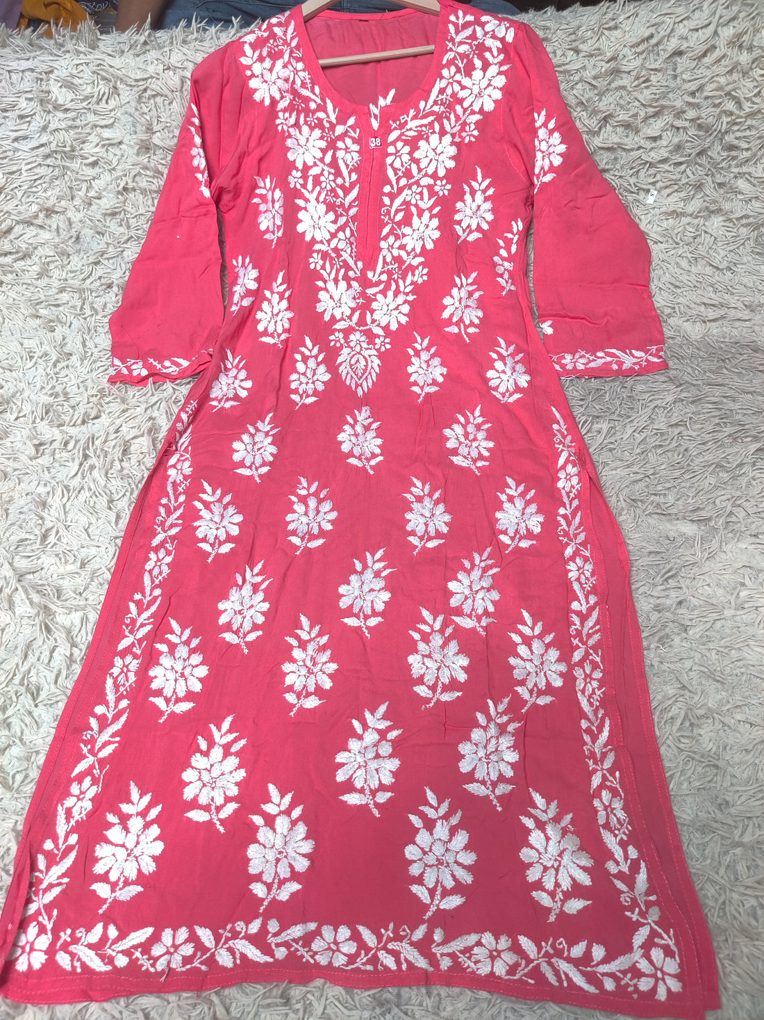 Coral Rose Chikankari Kurti with Dense White Floral Embroidery