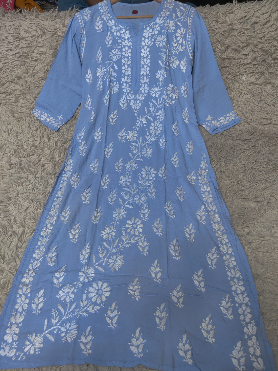 Sky Blue Chikankari Kurti with Dense White Floral Embroidery
