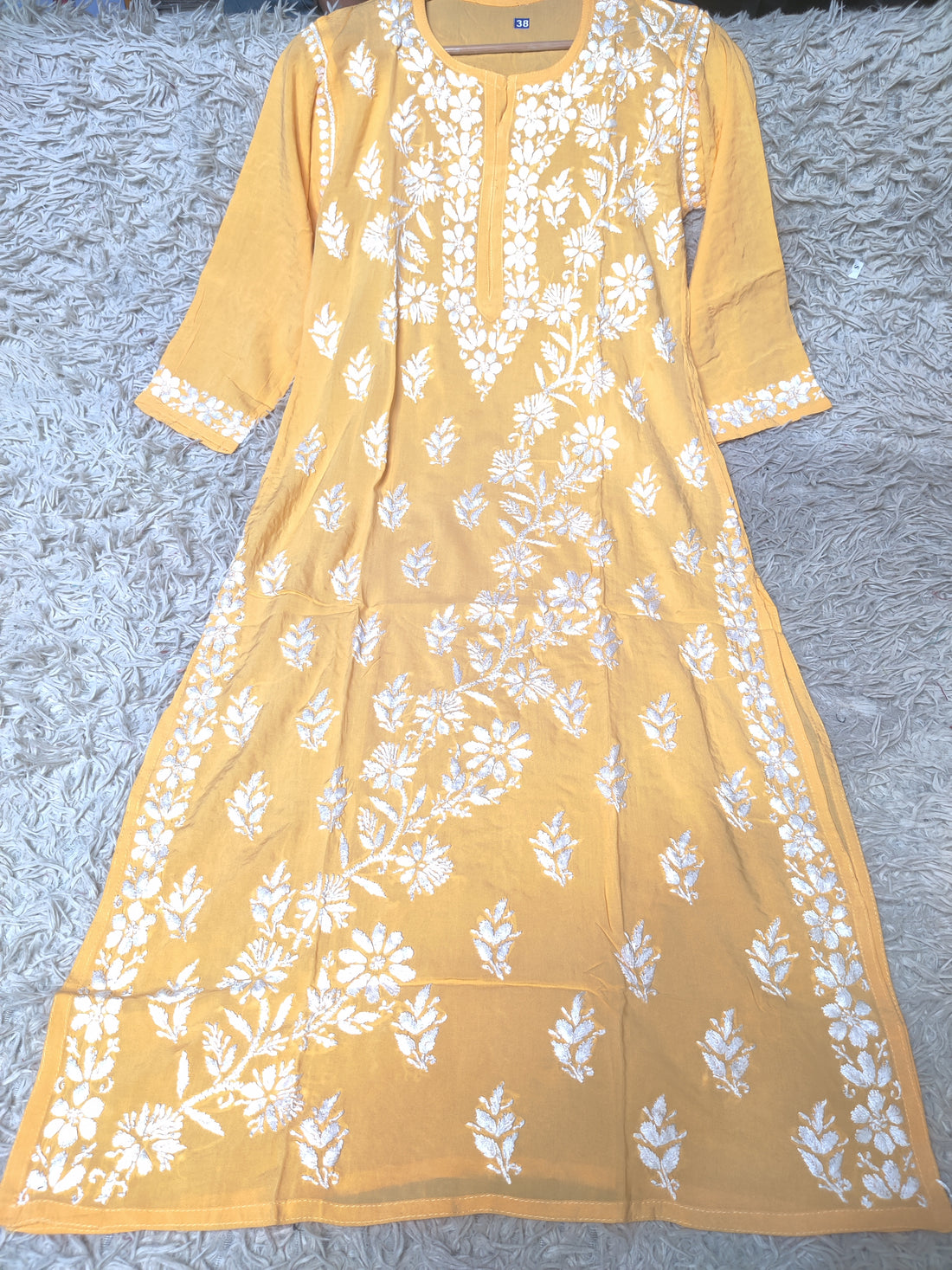 Sunshine Yellow Chikankari Kurti with Dense White Floral Embroidery