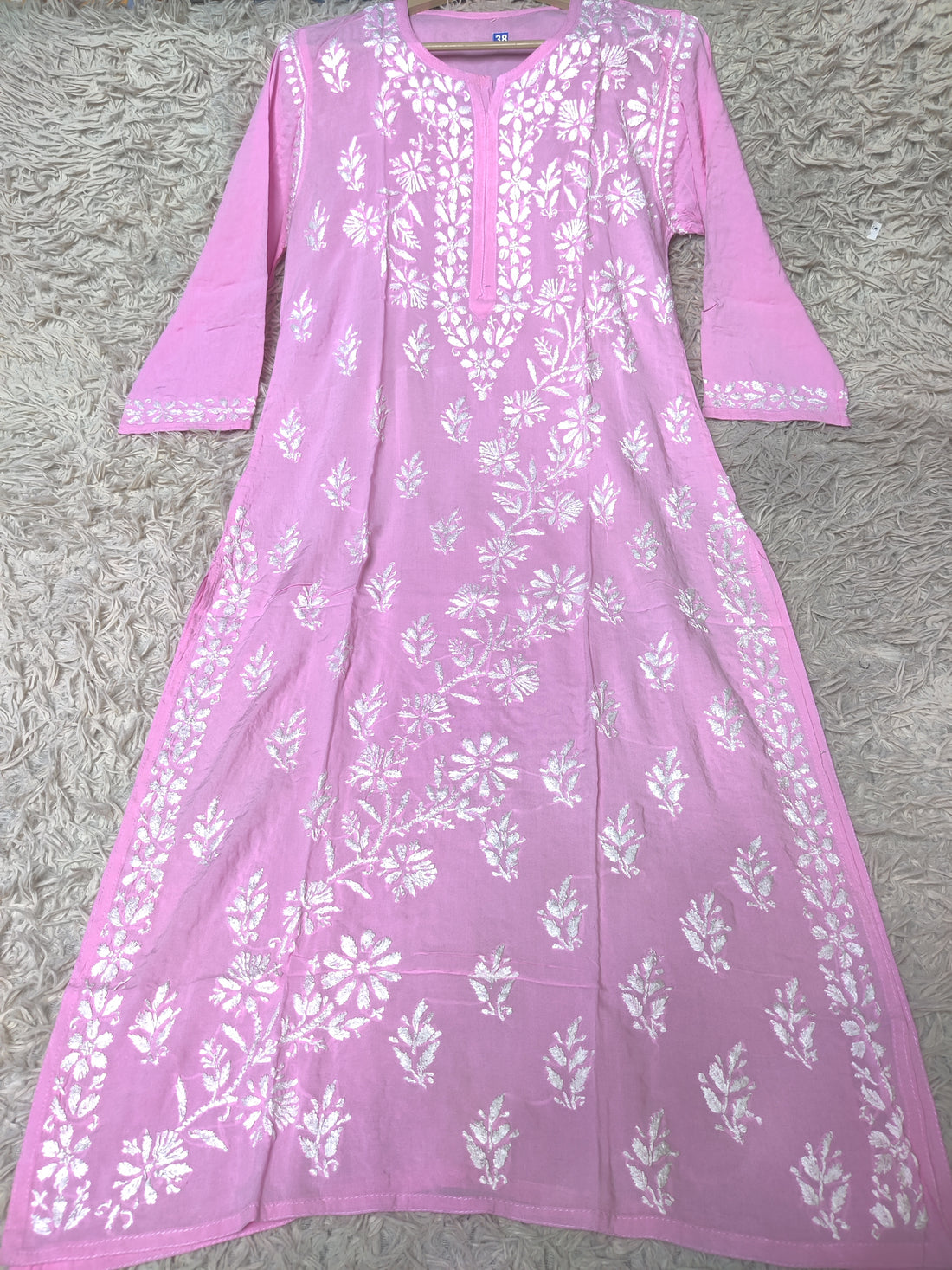 Baby Pink Chikankari Kurti with Dense White Floral Embroidery