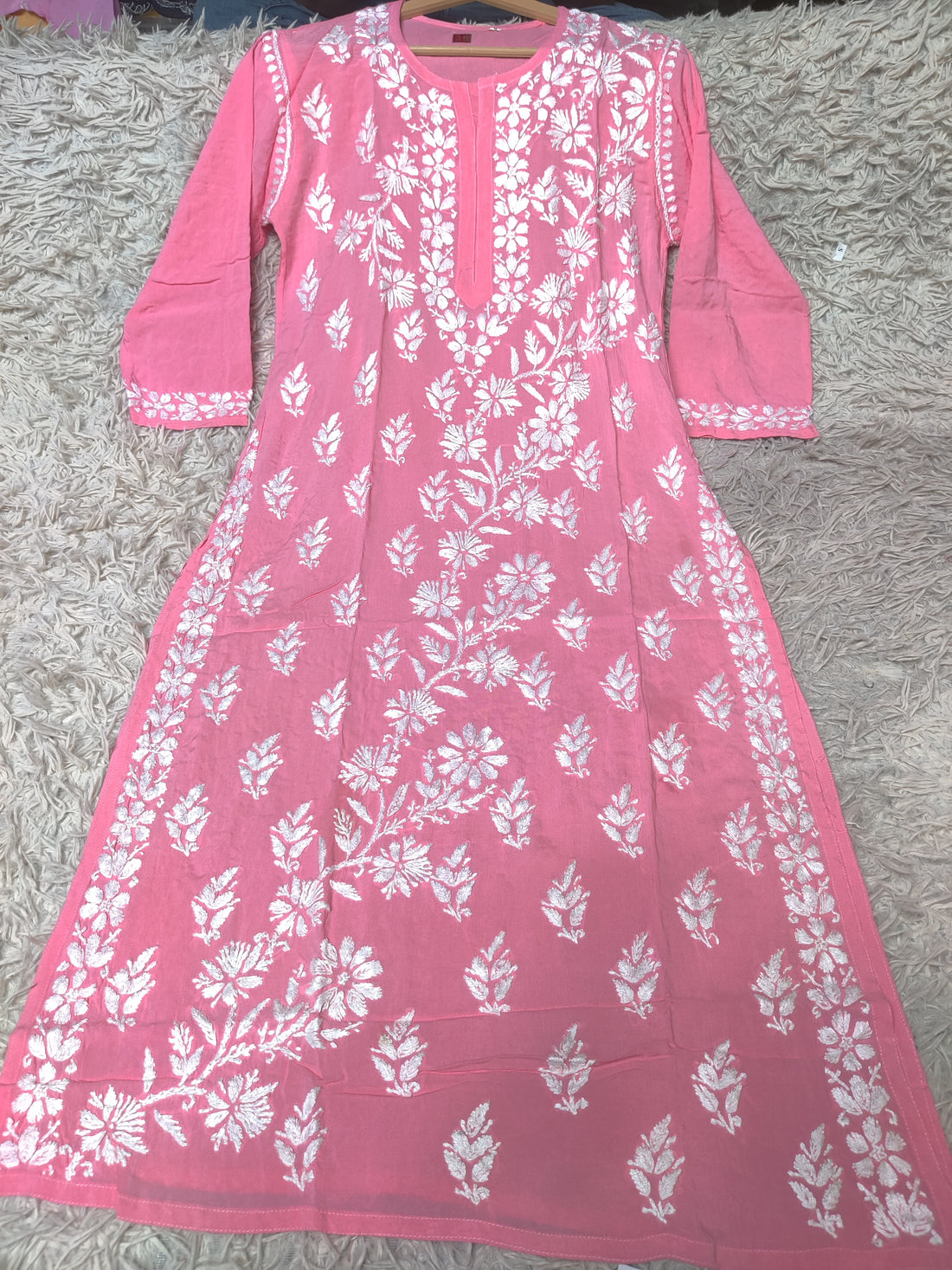 Salmon Pink Chikankari Kurti with Dense White Floral Embroidery