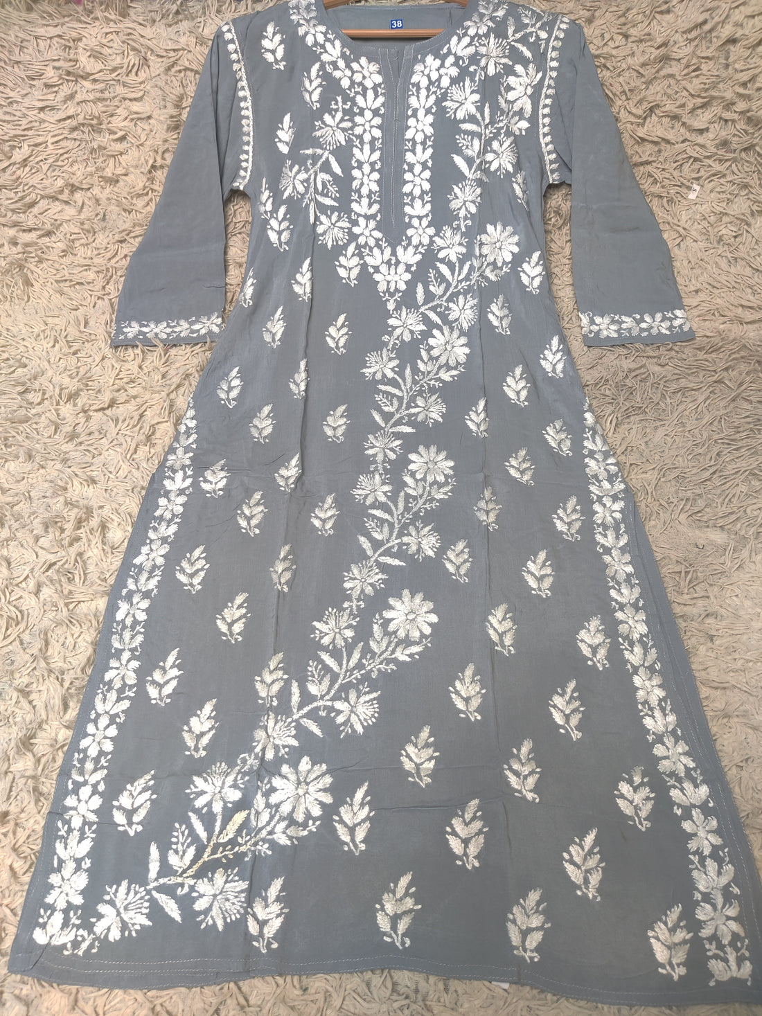 Steel Grey Chikankari Kurti with Dense White Floral Embroidery