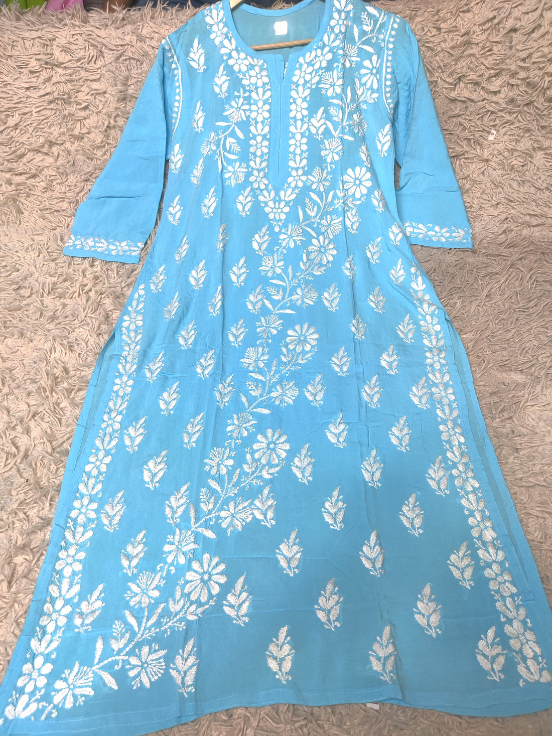Turquoise Blue Chikankari Kurti with Dense White Floral Embroidery