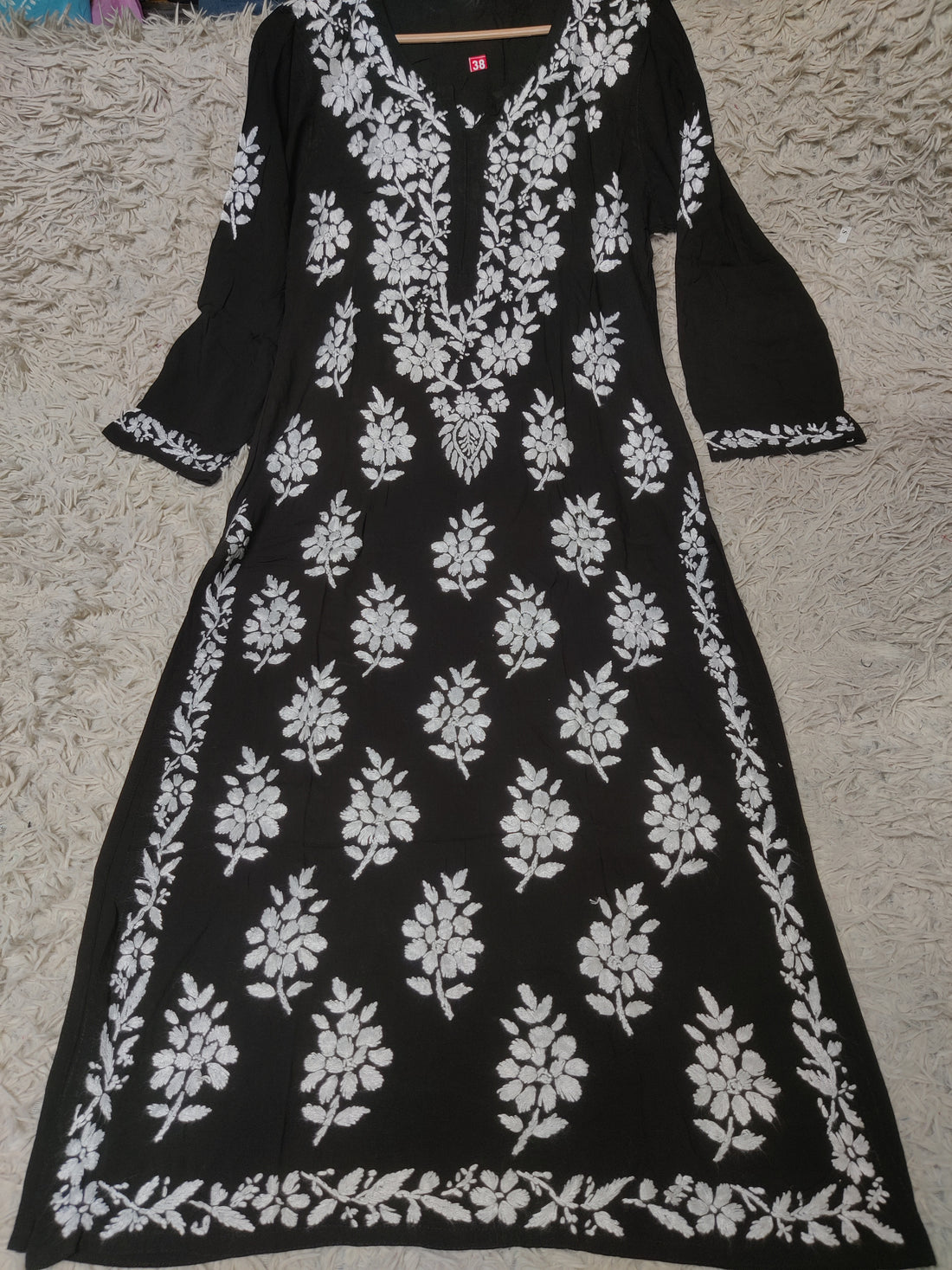 Jet Black Chikankari Kurti with Dense White Floral Bouquet Embroidery
