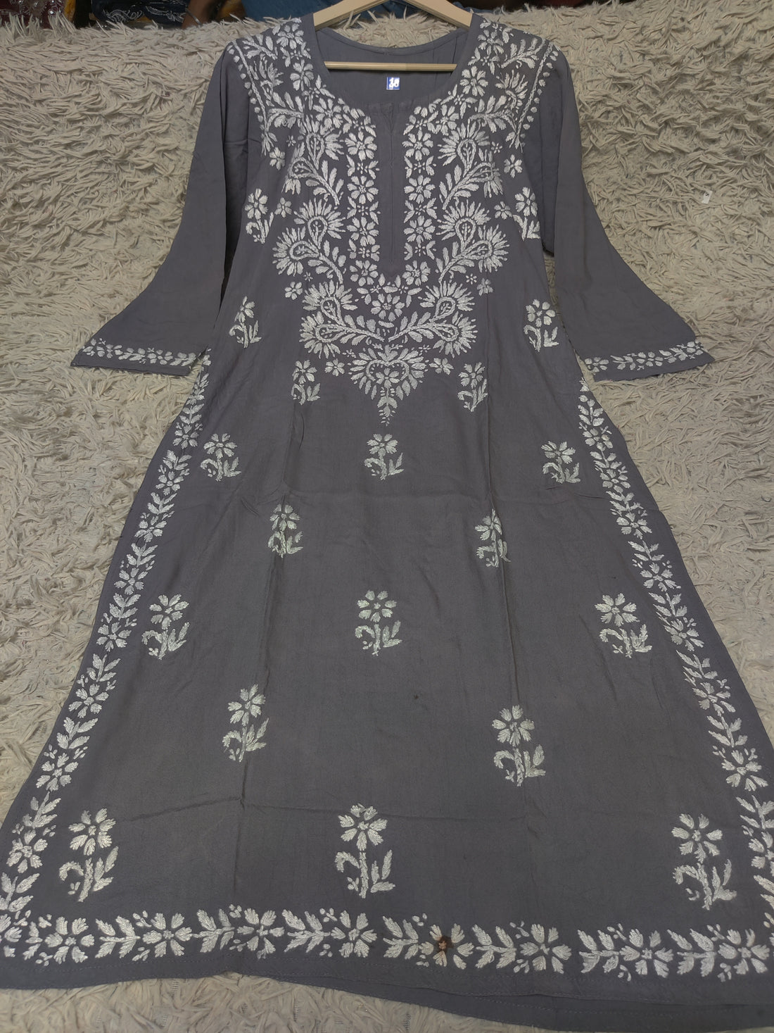 Charcoal Grey Chikankari Kurti with White Paisley & Floral Embroidery