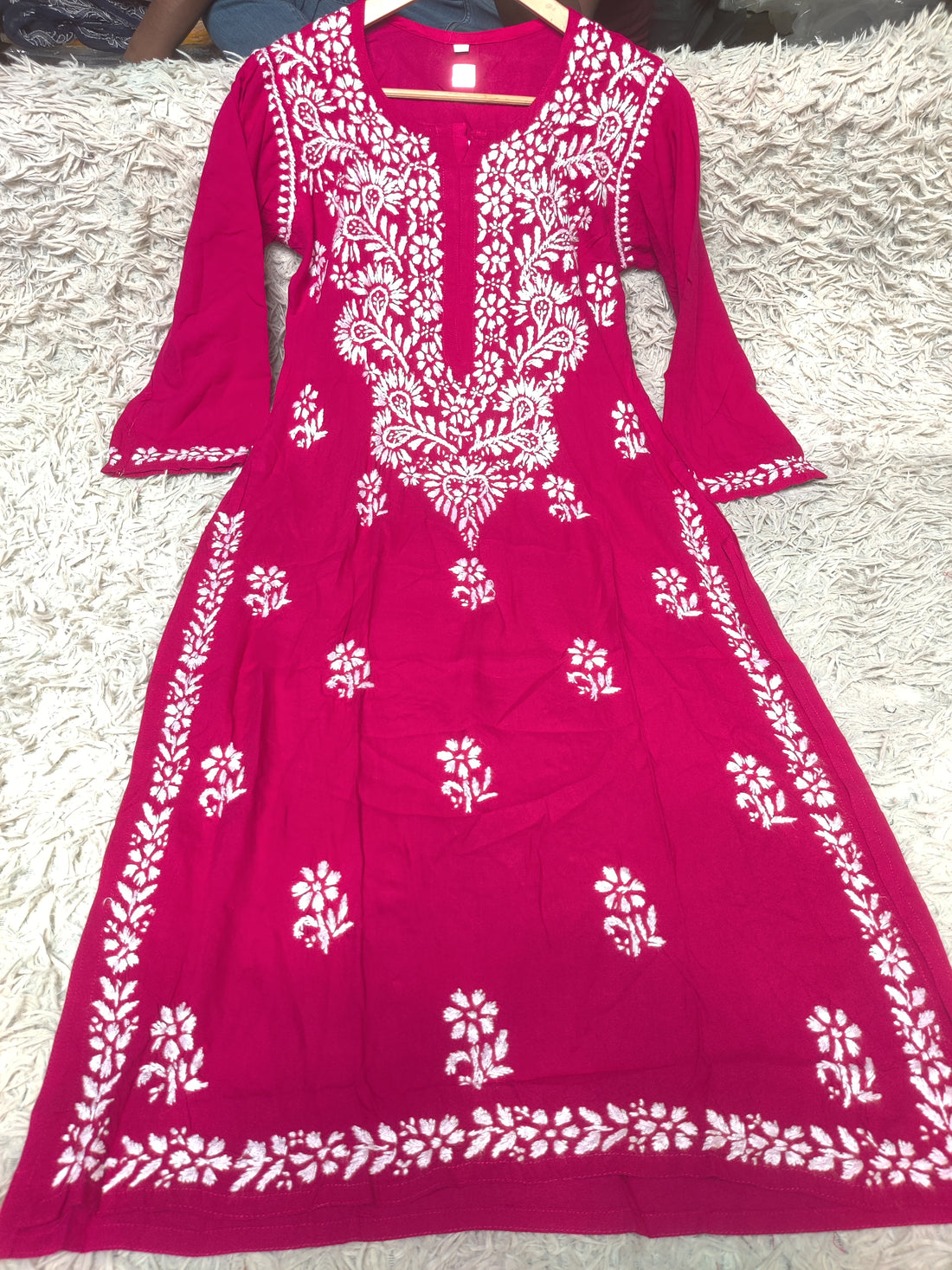 Deep Magenta Chikankari Kurti with White Paisley & Floral Embroidery