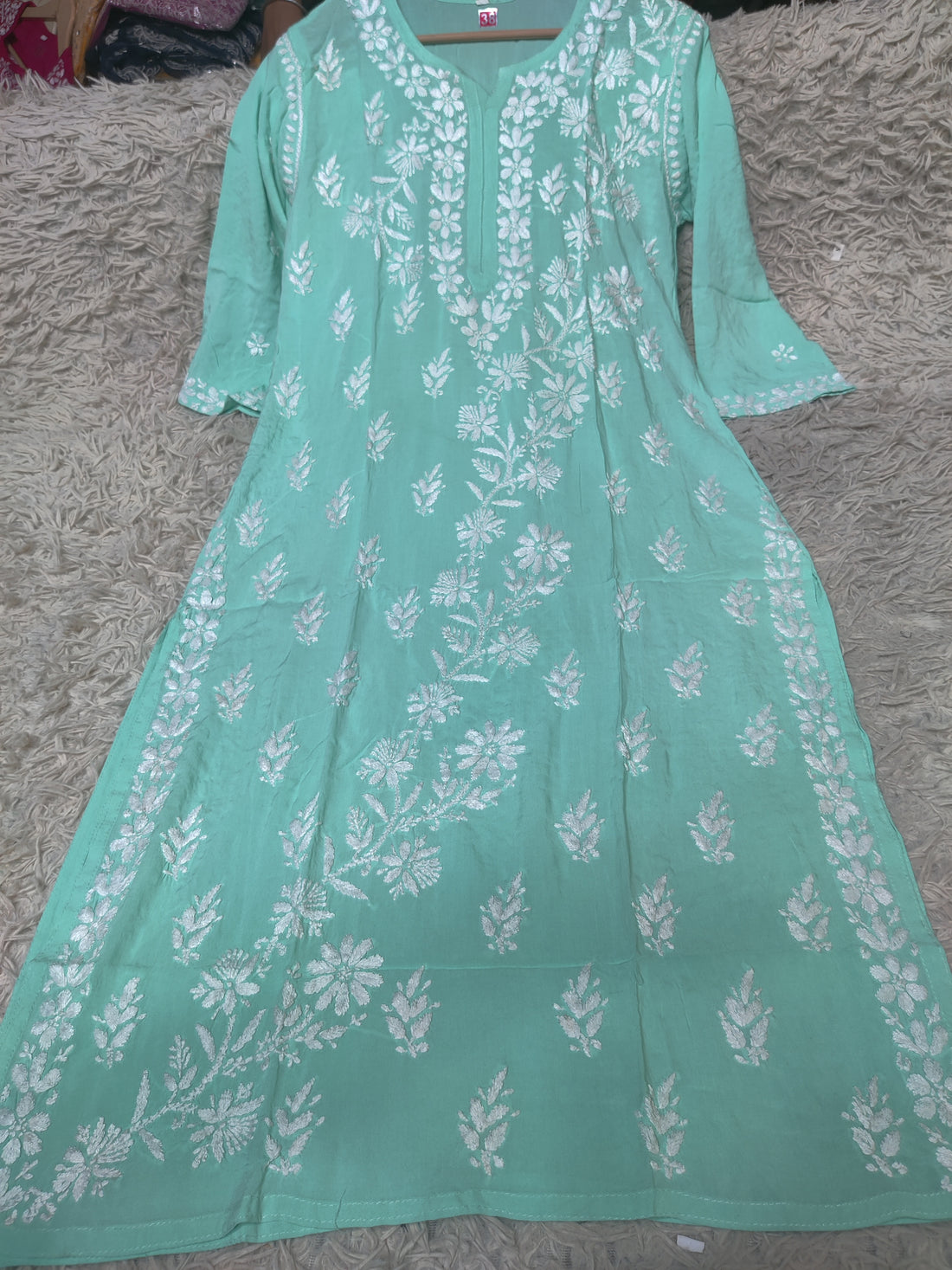 Mint Green Chikankari Kurti with White Floral & Botanical Embroidery