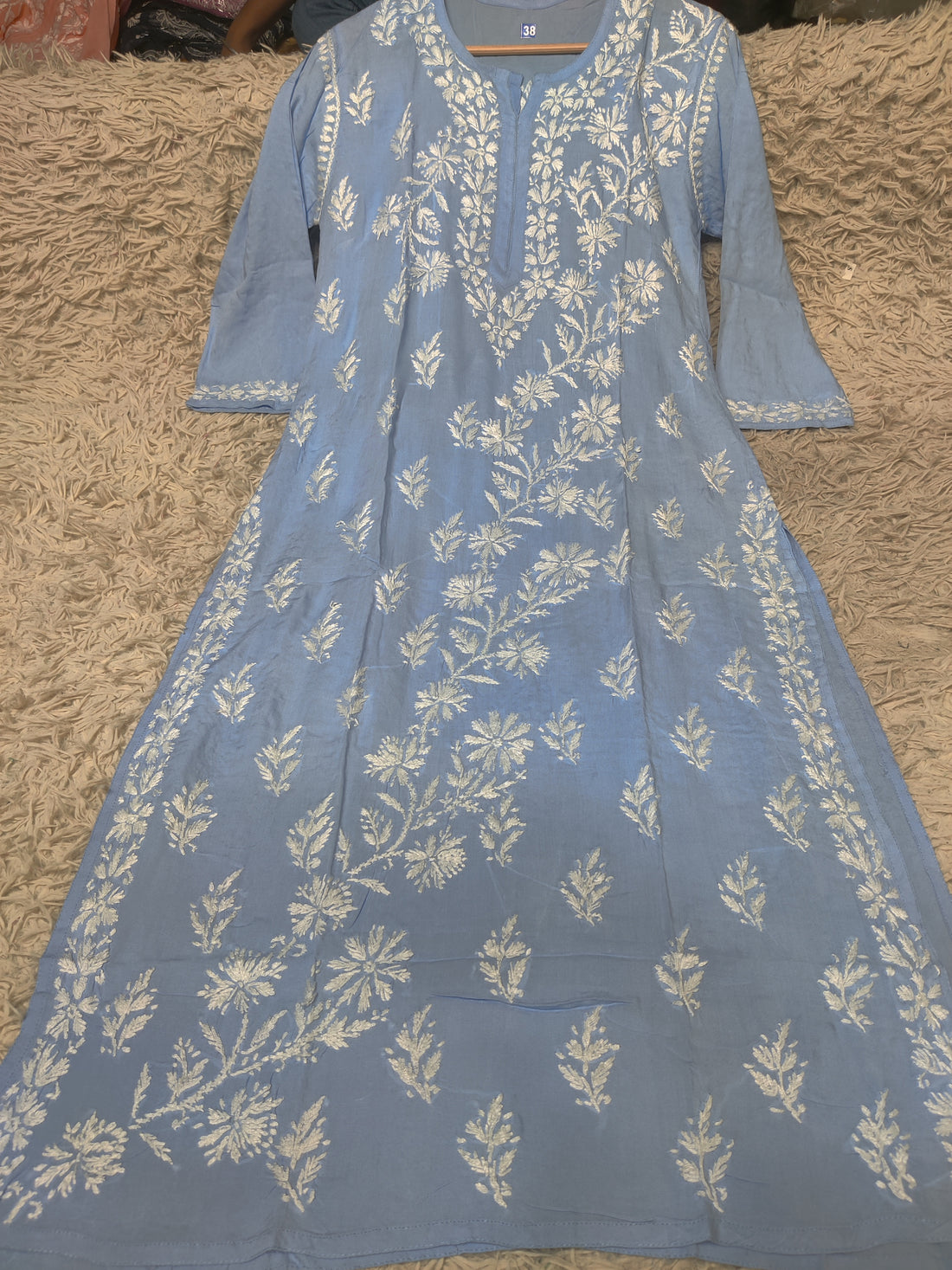 Cornflower Blue Chikankari Kurti with Dense White Botanical Embroidery