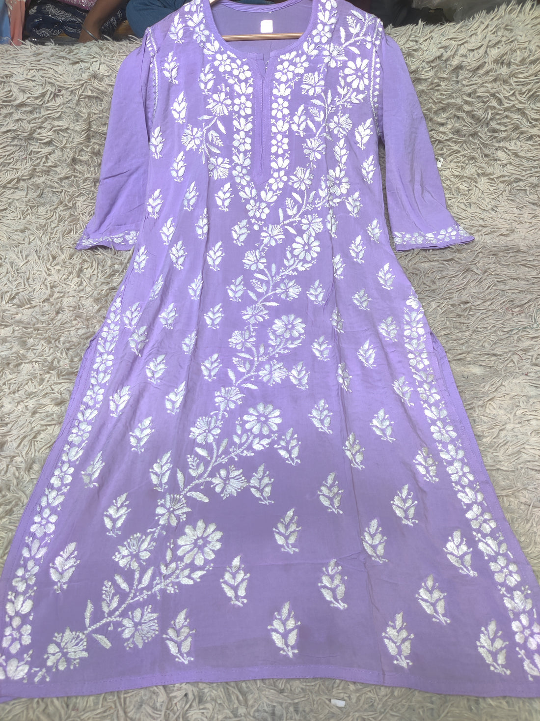 Lavender Purple Chikankari Kurti with White Floral & Botanical Embroidery