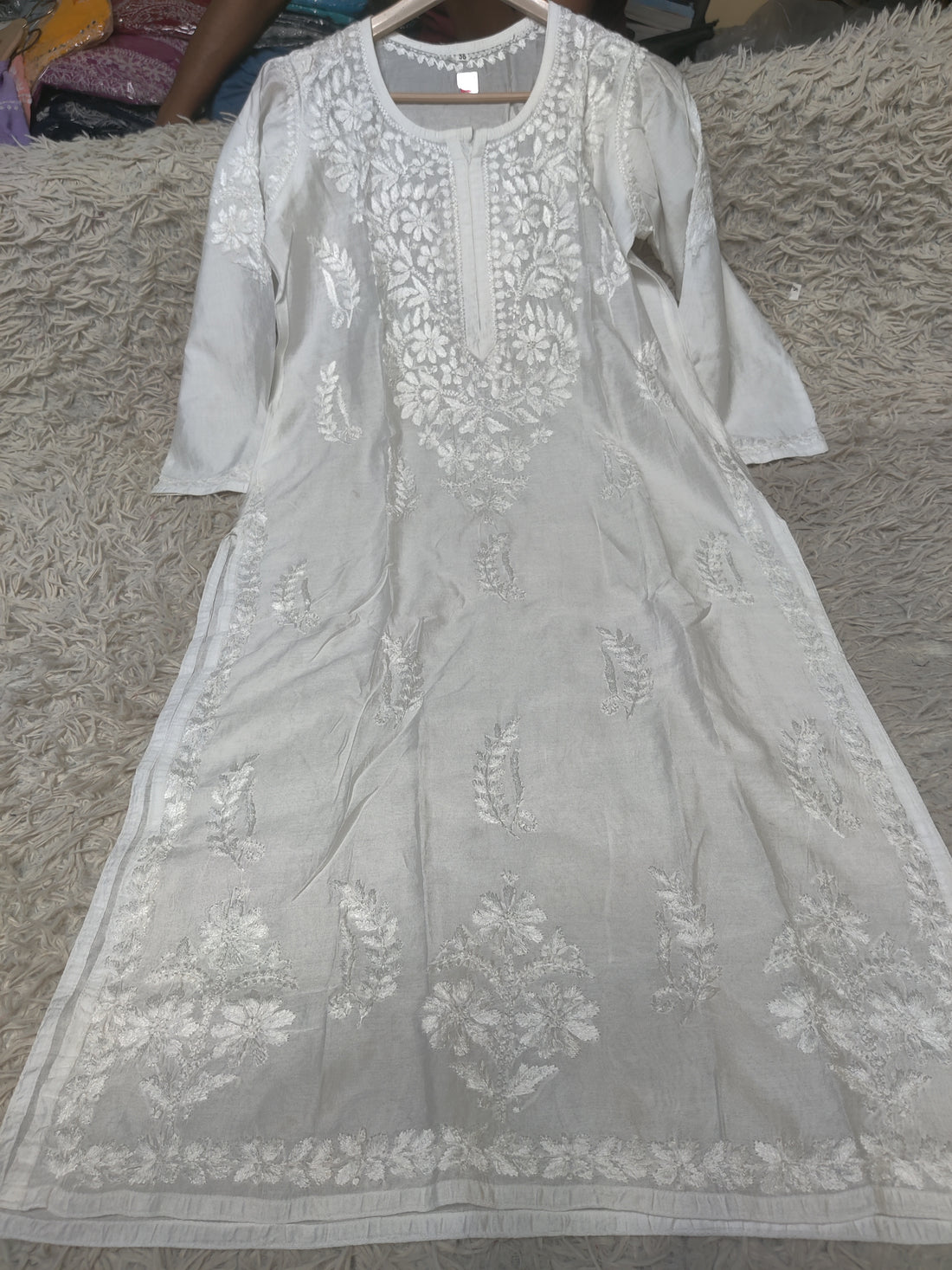 Pearl Grey Chikankari Kurti with Tonal White Floral Embroidery