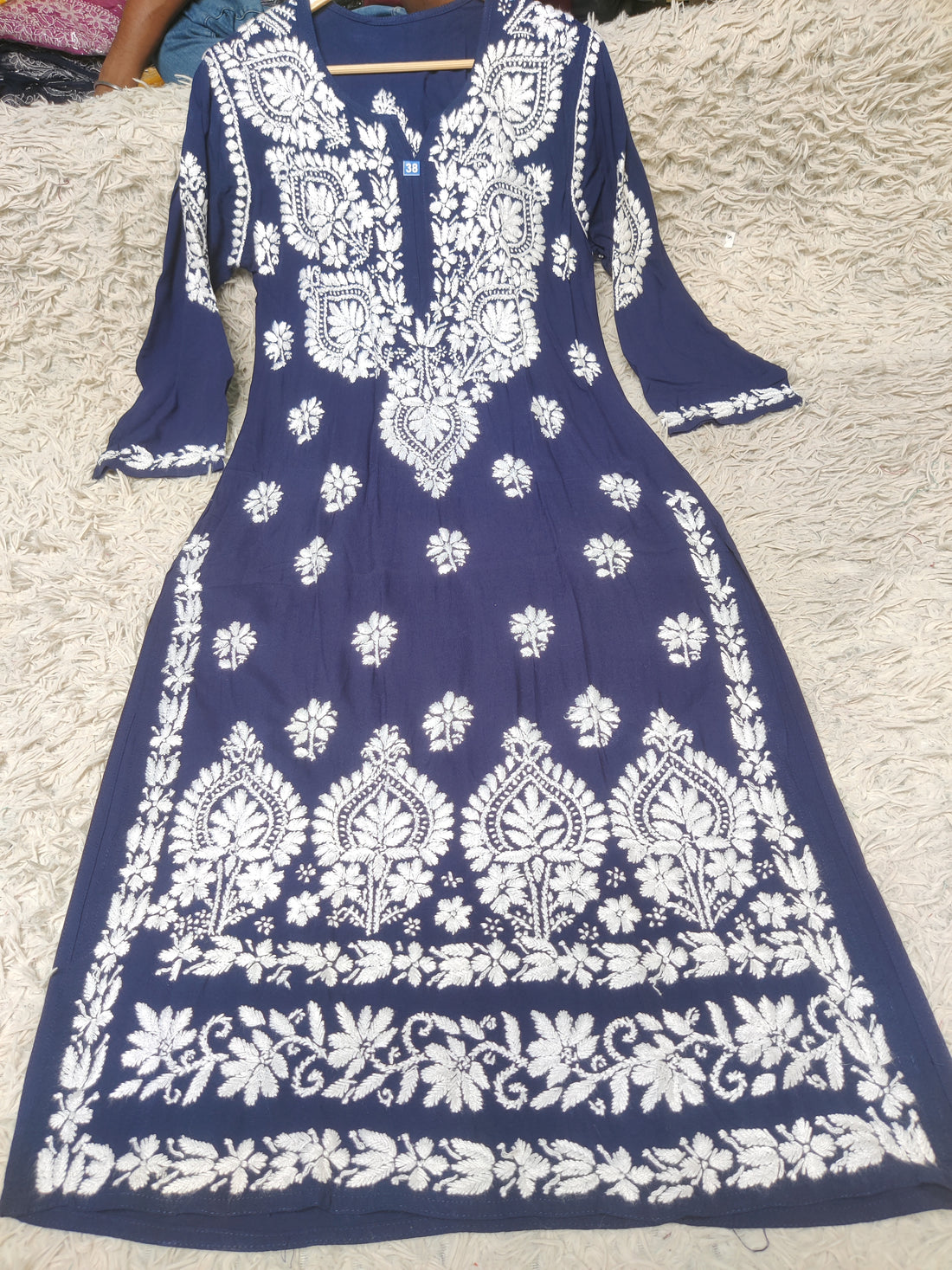 Navy Blue Chikankari Kurti with Dense White Paisley & Floral Embroidery