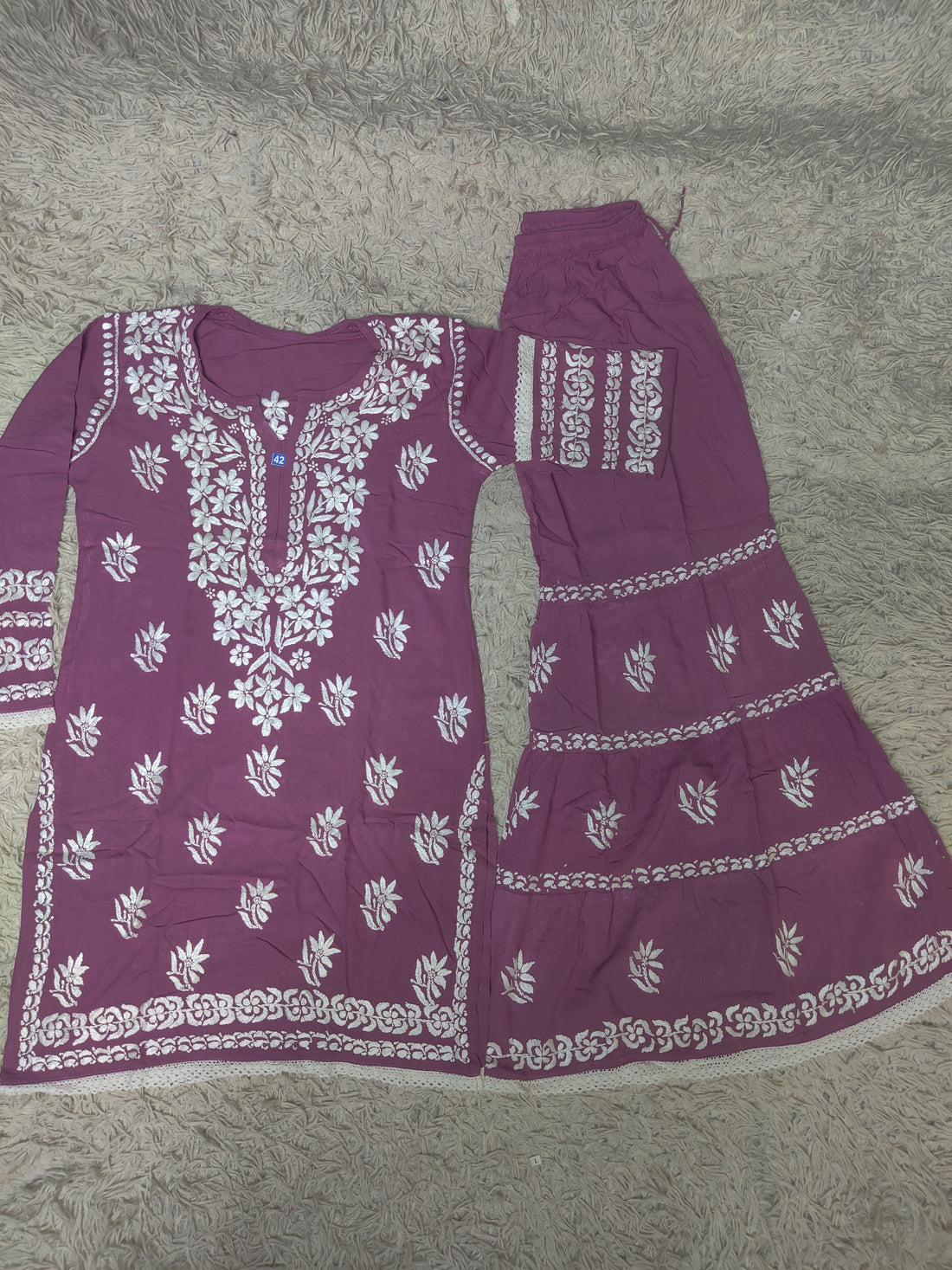 Mauve Purple Chikankari Kurti & Sharara Co-ord Set with White Floral Embroidery