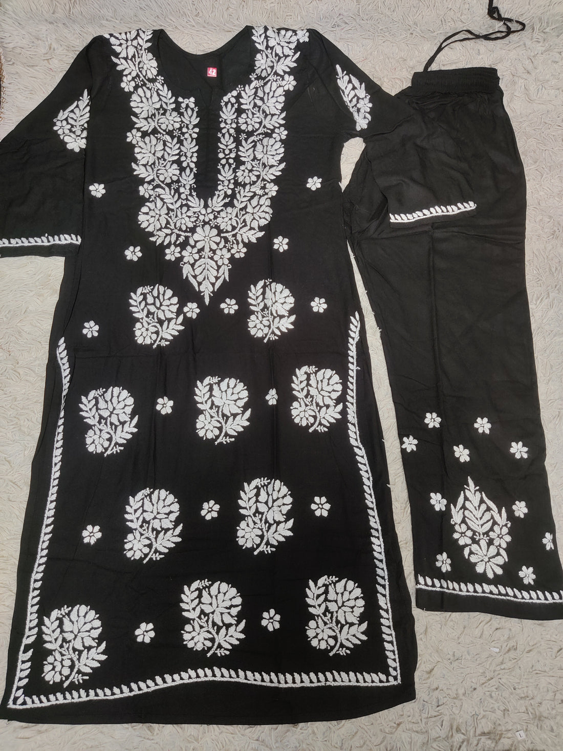 Jet Black Chikankari Kurti & Trouser Co-ord Set with White Floral Embroidery