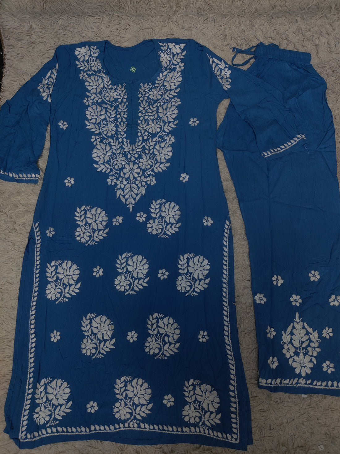 Royal Blue Chikankari Kurti & Trouser Co-ord Set with White Floral Embroidery
