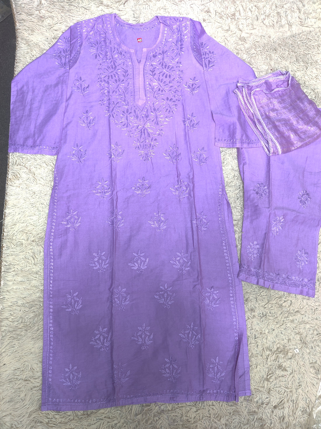 Lilac Purple Chikankari 3-Piece Set with Tonal Embroidery & Cutwork