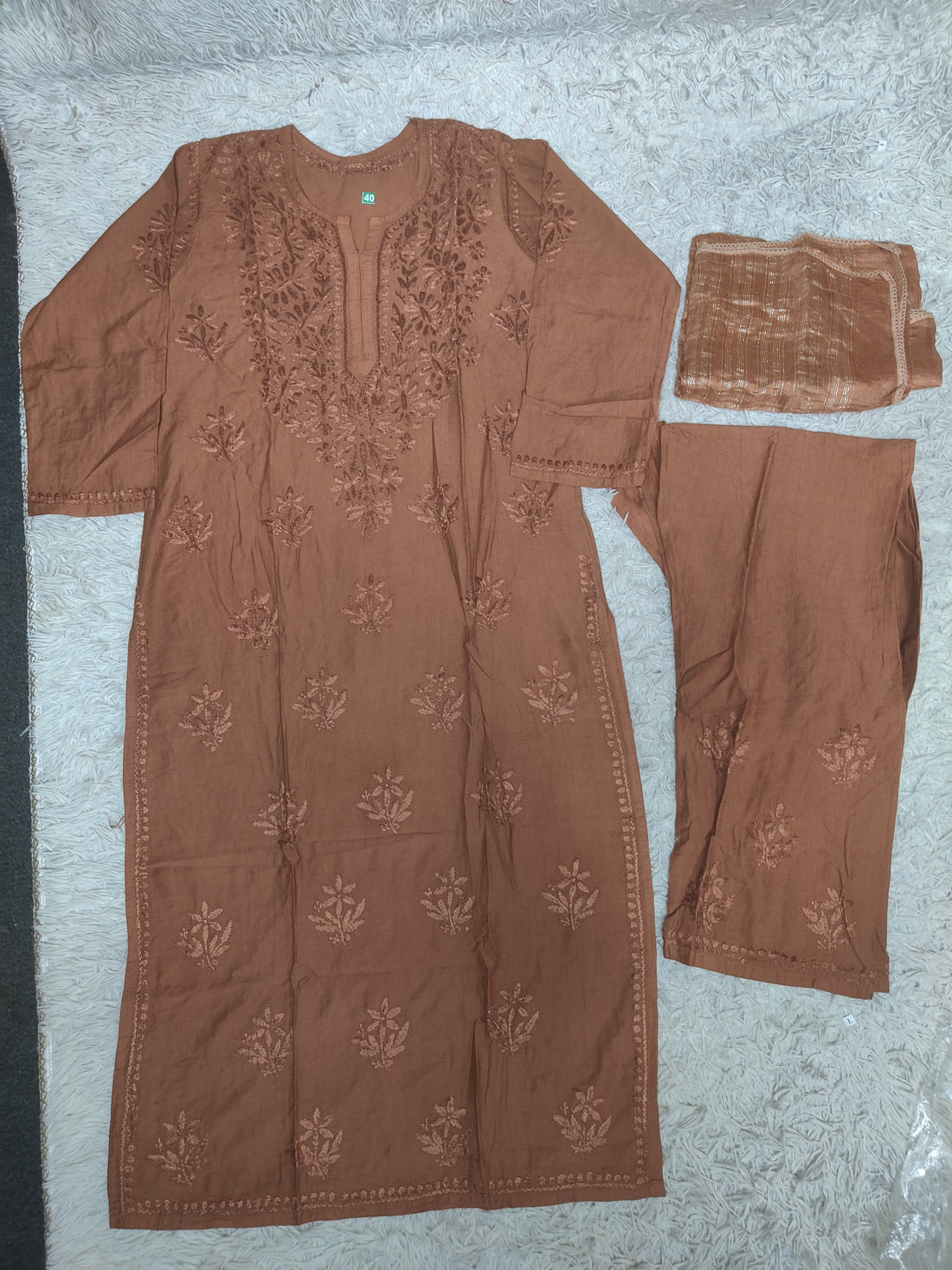 Cinnamon Brown Chikankari 3-Piece Set with Tonal Embroidery & Cutwork