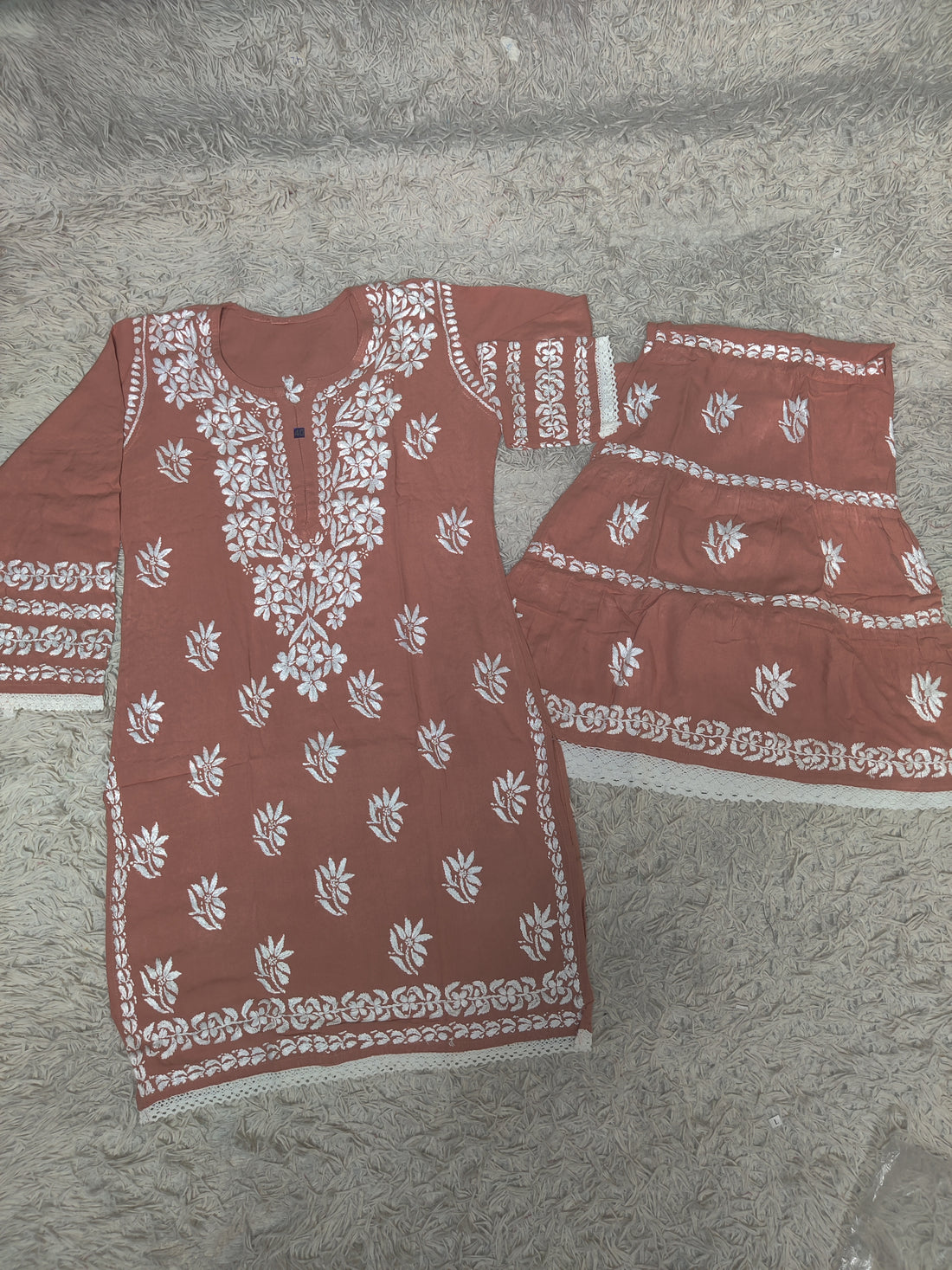 Dusty Rose Chikankari Kurti & Sharara Co-ord Set with White Floral Embroidery