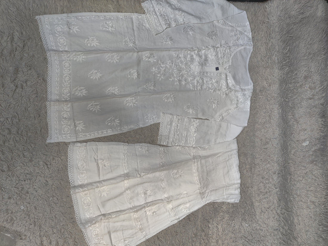 Pure White Chikankari Kurti & Sharara Co-ord Set with Tonal Embroidery & Lace Trim