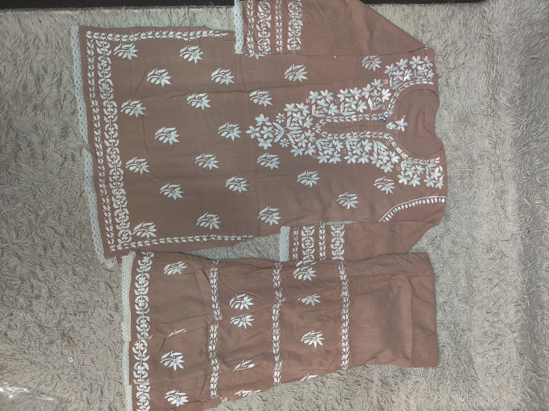 Mocha Brown Chikankari Kurti & Sharara Co-ord Set with White Floral Embroidery & Lace Trim