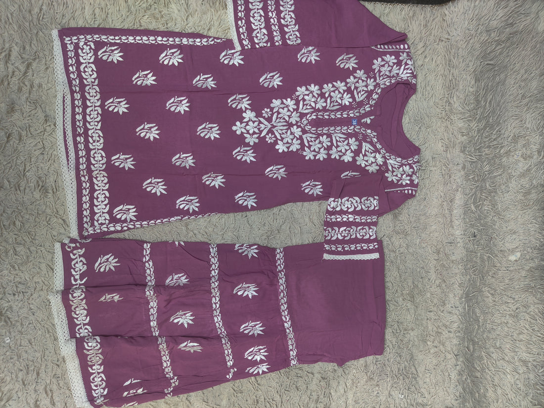 Plum Purple Chikankari Kurti & Sharara Co-ord Set with White Floral Embroidery & Lace Trim