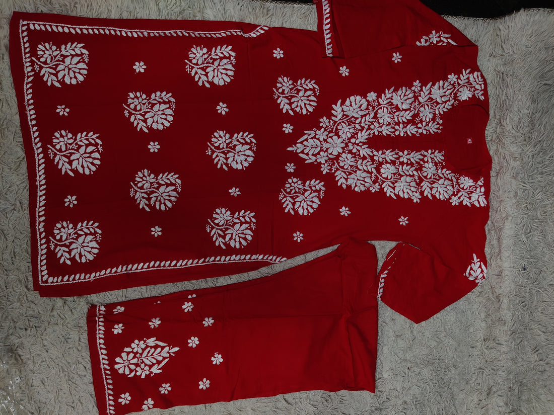 Cherry Red Chikankari Kurti & Trouser Co-ord Set with White Floral Embroidery