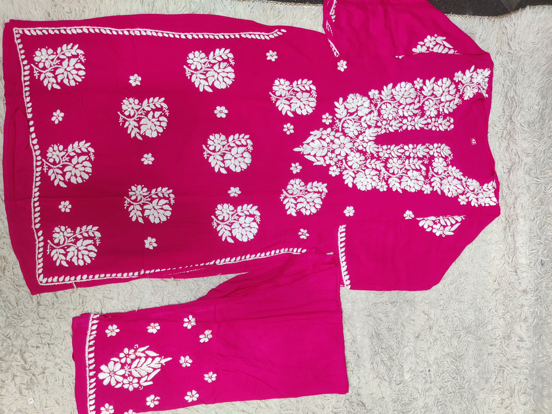 Hot Pink Chikankari Kurti & Trouser Co-ord Set with White Floral Embroidery