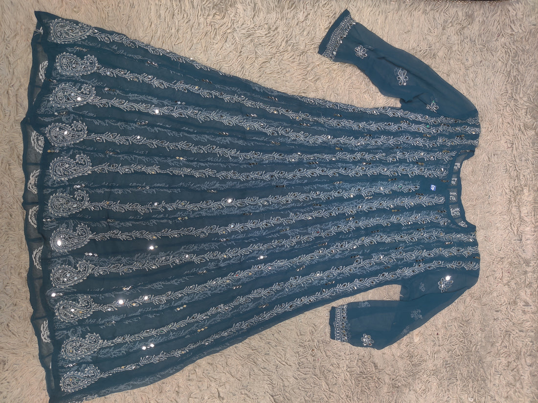 Teal Blue Chikankari Anarkali with Sequin Stripe & Paisley Mirror Work