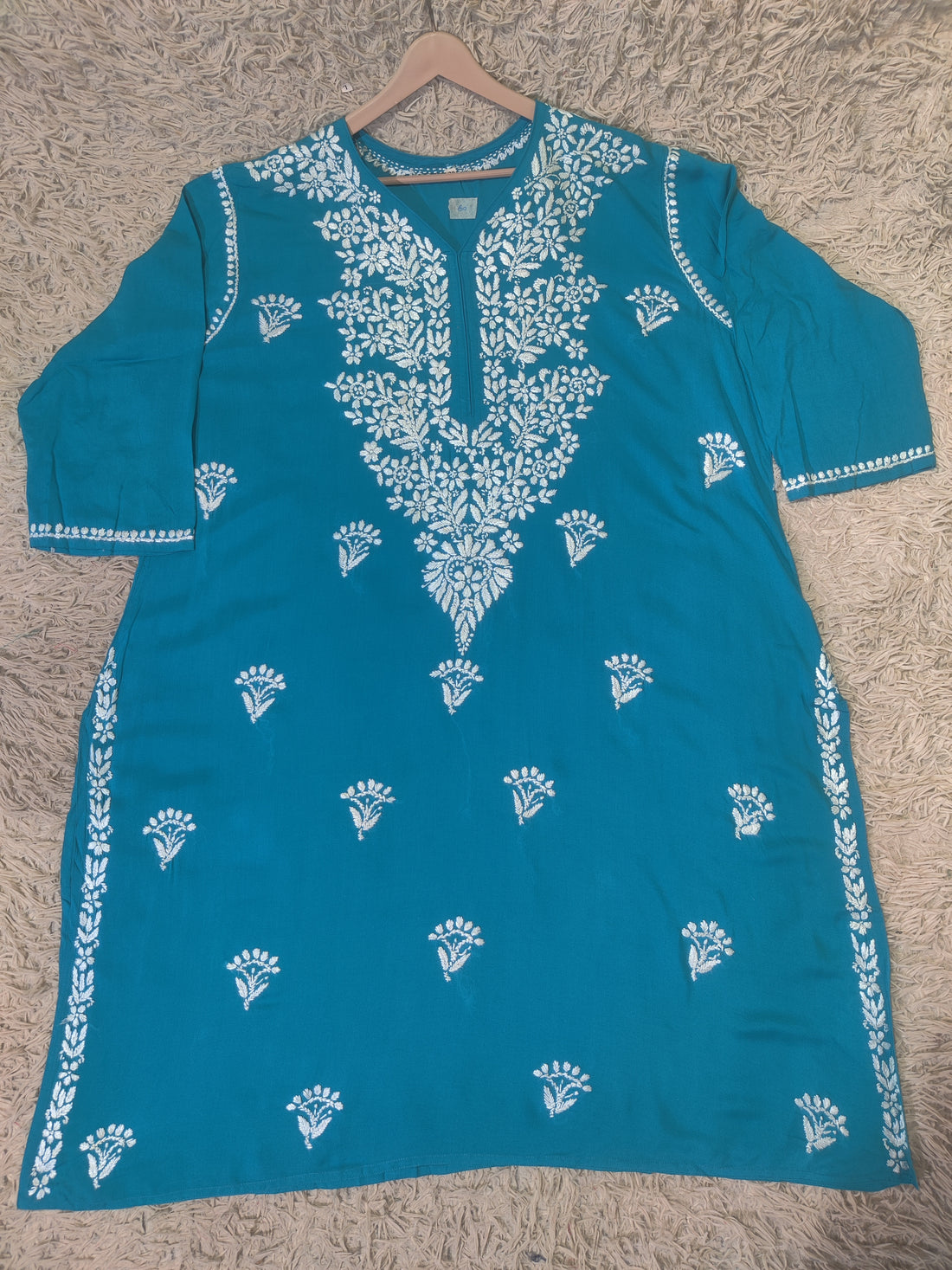 Peacock Blue Chikankari Kurti with White Floral & Tulip Buti Embroidery