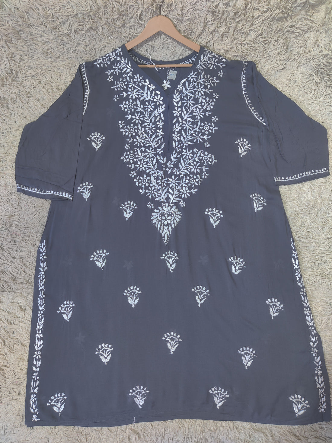 Slate Grey Chikankari Kurti with White Floral & Tulip Buti Embroidery