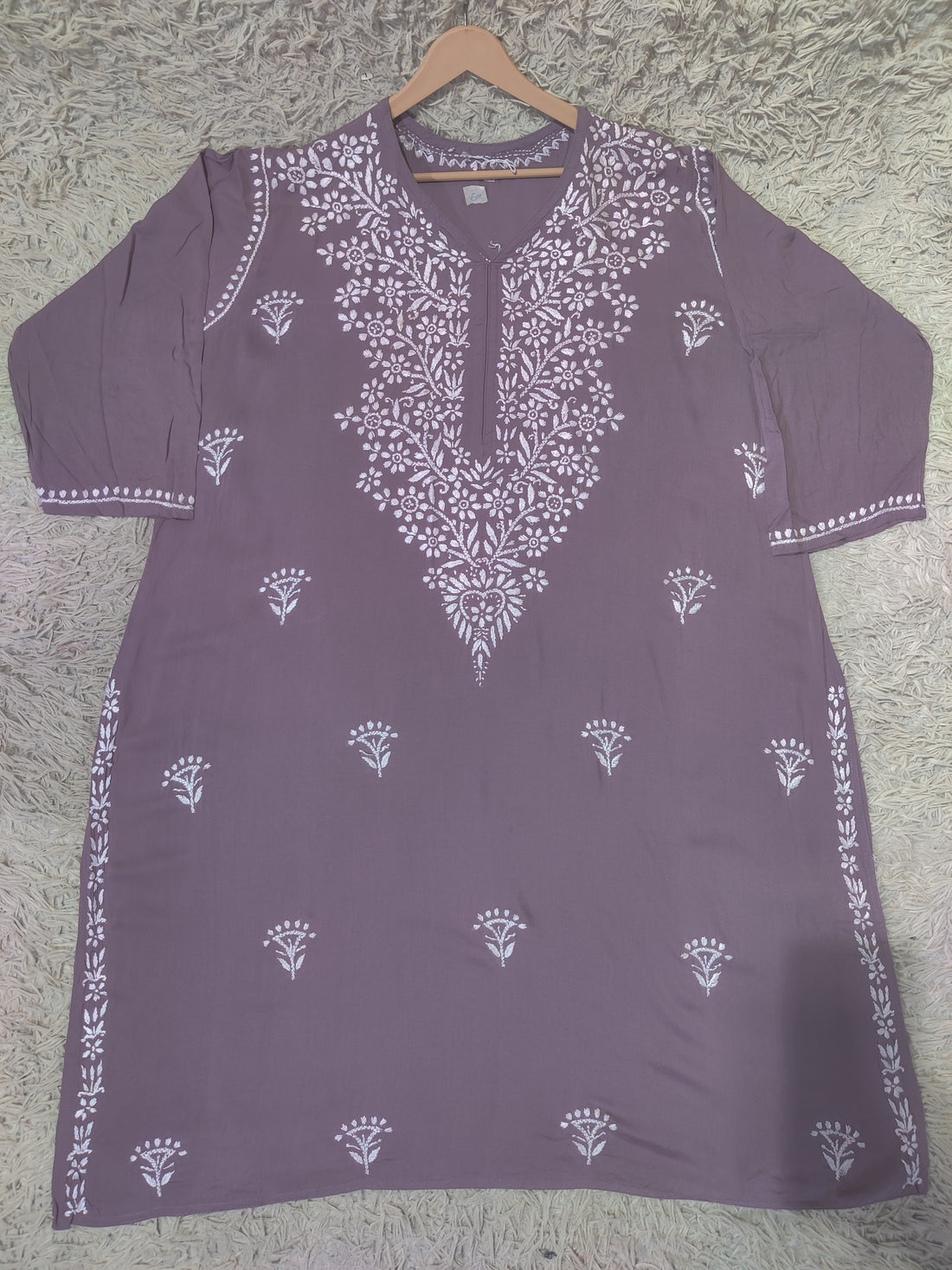 Dusty Mauve Chikankari Kurti with White Floral & Wildflower Buti Embroidery