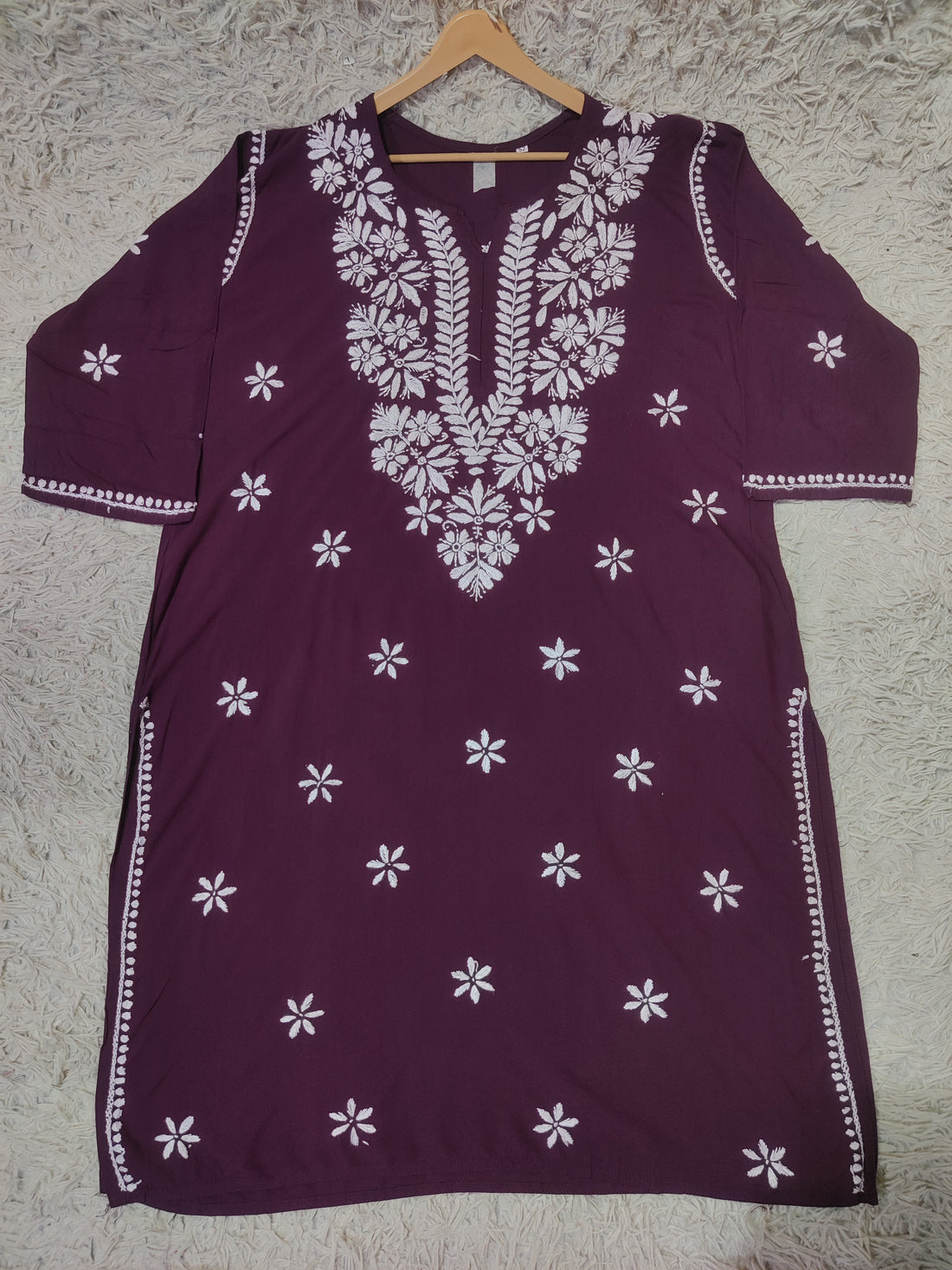 Dusty Mauve Chikankari Kurti with White Floral & Wildflower Buti Embroidery
