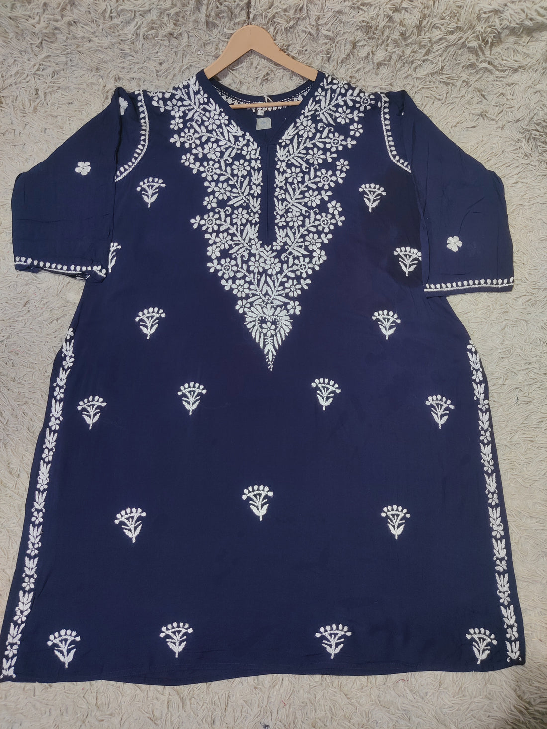 Navy Blue Chikankari Kurti with White Floral & Wildflower Buti Embroidery