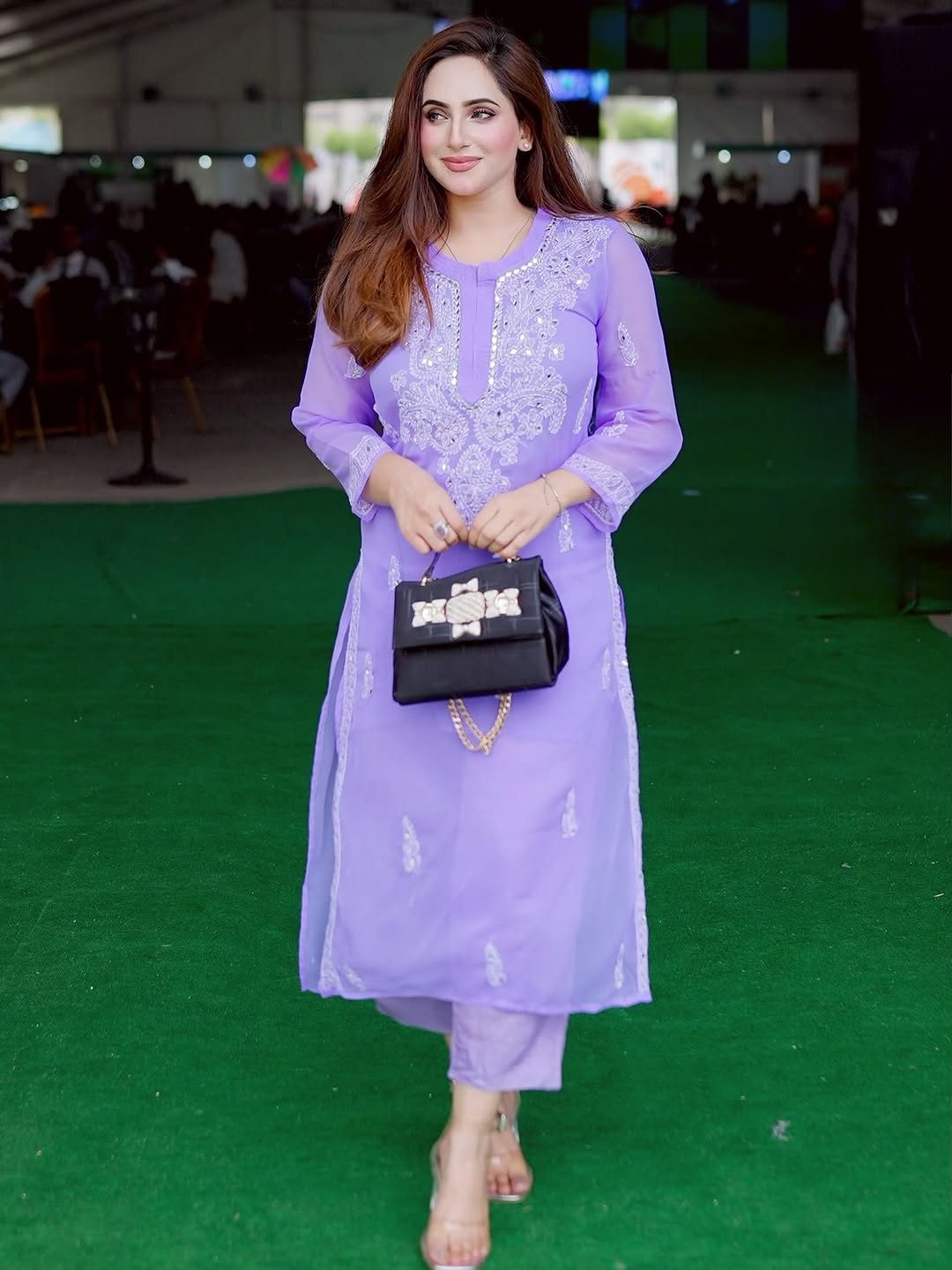 Imposing Mirror Lilac Purple Chikankari Outfit with intricate embroidery and mirror work.